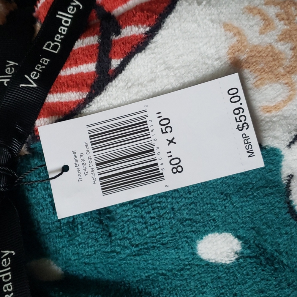 **1 LEFT** Vera Bradley Throw Blanket - Holiday Dogs Green - Picture 4 of 7